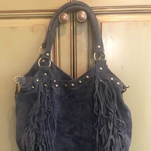 Navy suede purse with fringe